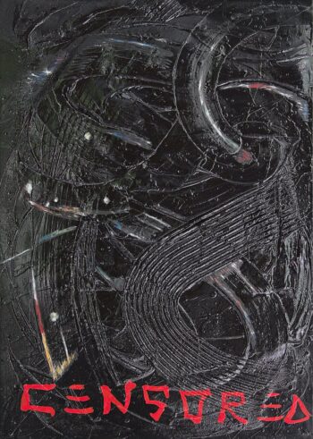 Modern 3D conceptual painting black marked censored in red enamel on gesso by contemporary artist Davide Canepa