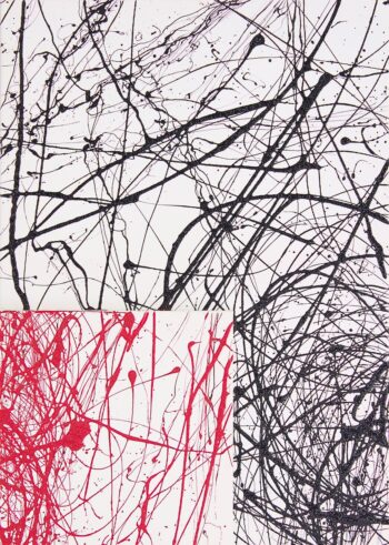 Painting entitled "Digital Magnetism" made of dripping enamel on two overlapping canvases having white background, different sizes and different dripping colour.