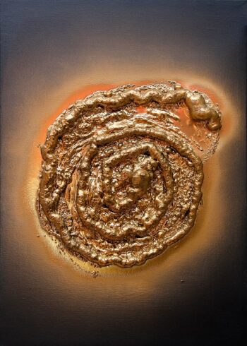 Modern conceptual artwork Gold materic vortex on black based canvas.
