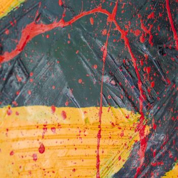 Detail painting black plaster with yellow enamel and red drops by by contemporary painter Davide Canepa.
