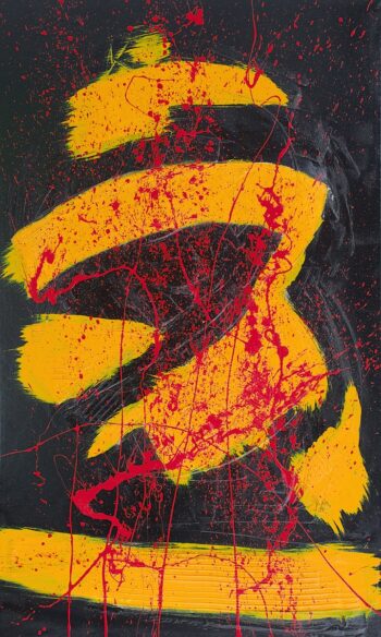 Modern vertical abstract energetic painting resembling a yellow samurai figure on black gesso background covered with red dripping by Italian contemporary painter Davide Canepa.