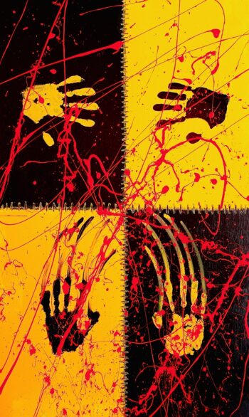 Contrast black yellow hand-prints on canvas and red drip paint, modern art concept by Davide Canepa