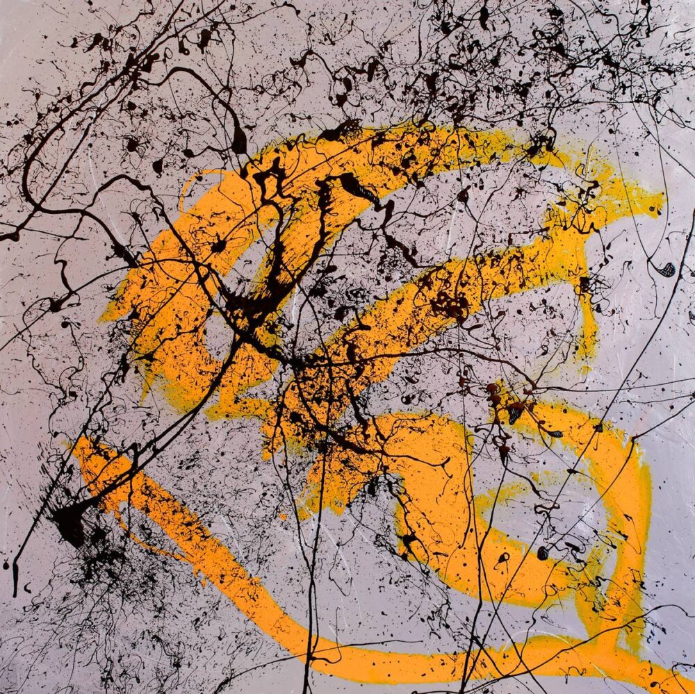 Modern energetic canvas painting grey yellow abstract created by contemporary Italian artist Davide Canepa.