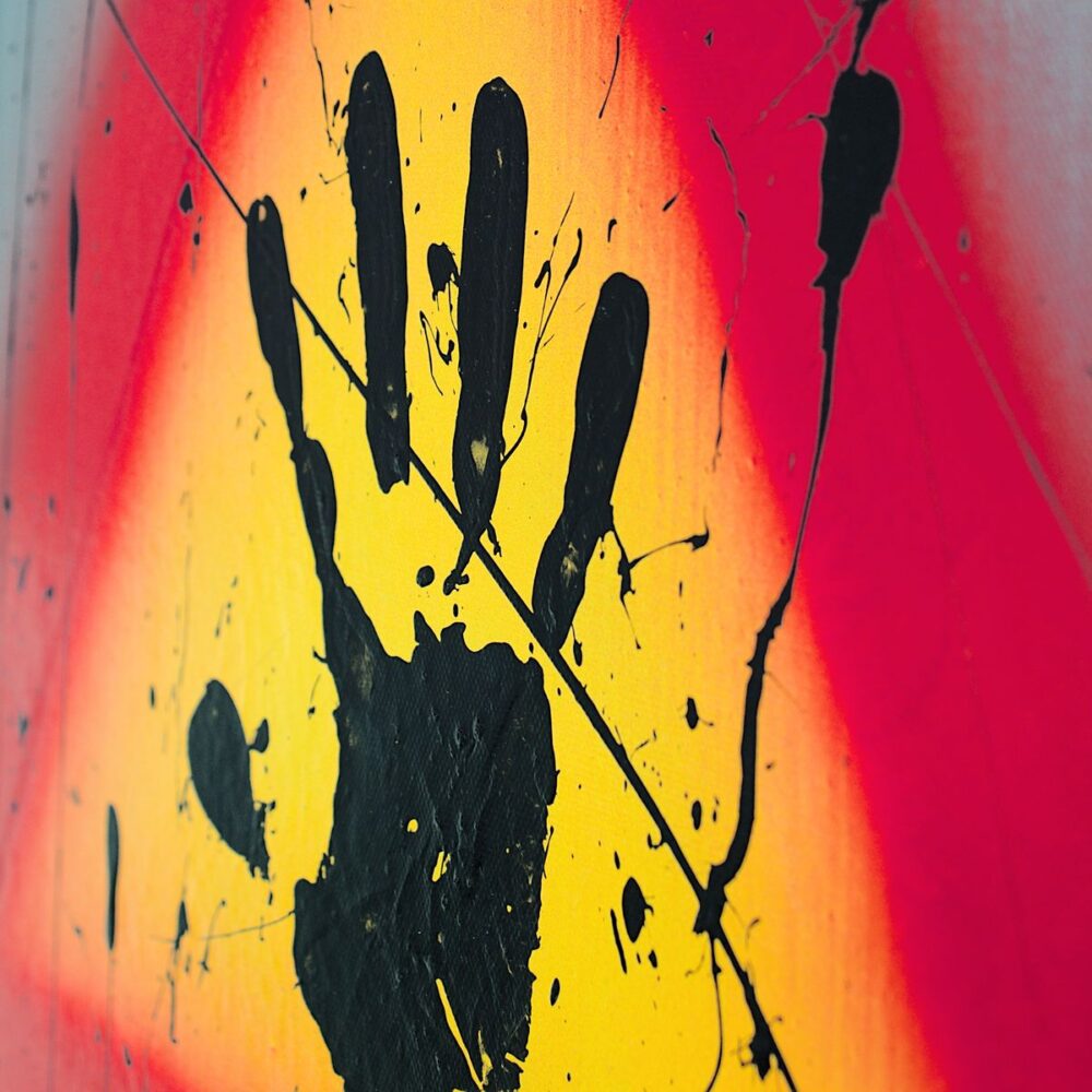Human handprint symbol on painting by Davide Canepa.