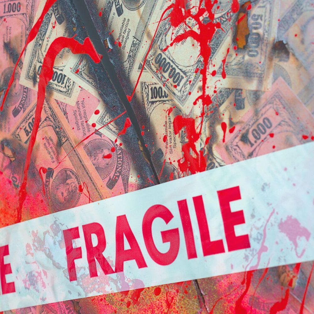 Bank money on burnt and cut canvas art by Davide Canepa.