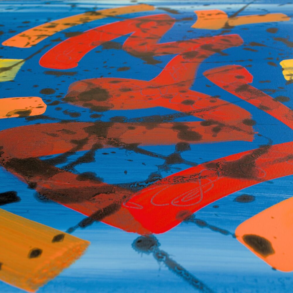Colorful red brushstrokes on blue canvas by Davide Canepa.