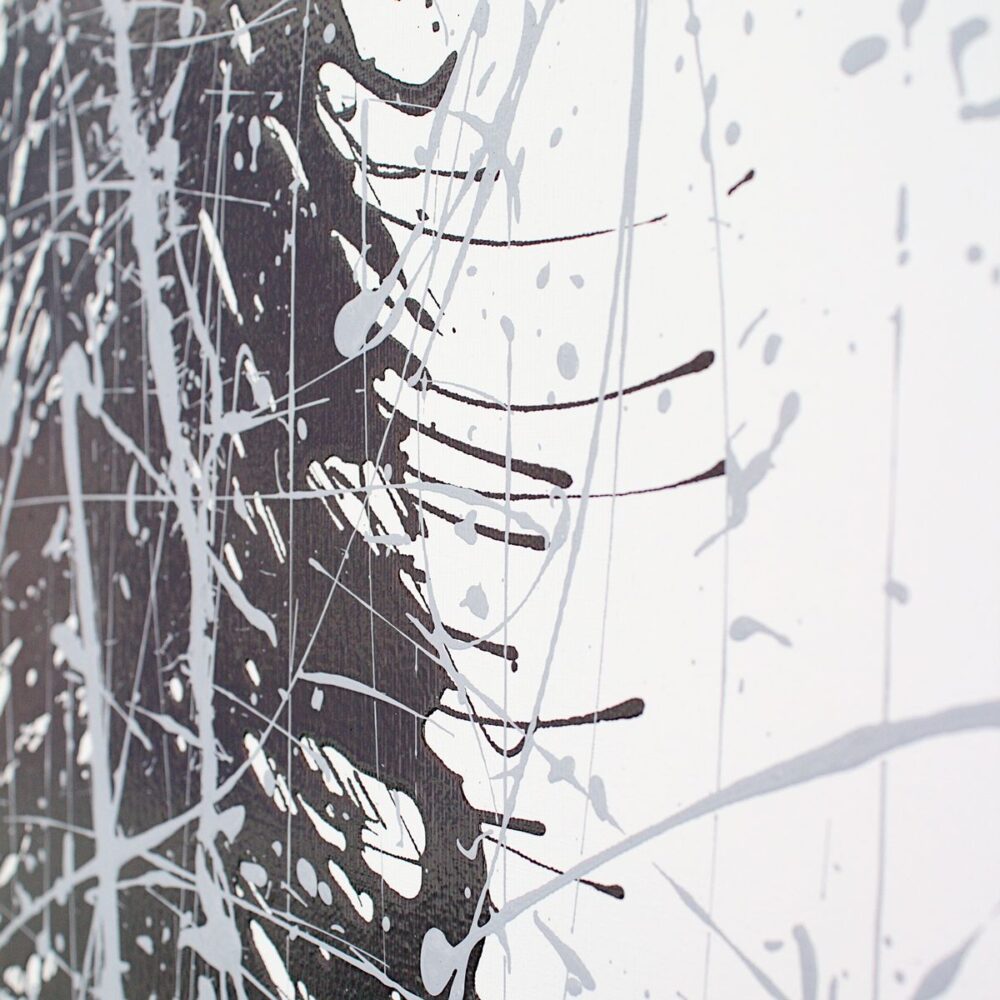 Black paint drips on white canvas by Davide Canepa.