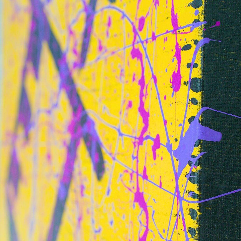 Coloured edges of yellow unframed 3D philosophical painting by Davide Canepa.