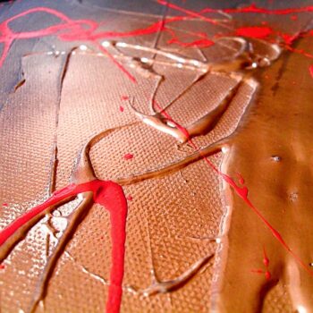 Detail philosophical artwork red dripping and gold spray on 3D original canvas.