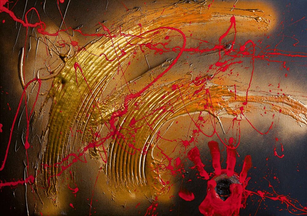 Original human red handprint on black and gold contrast 3D canvas.