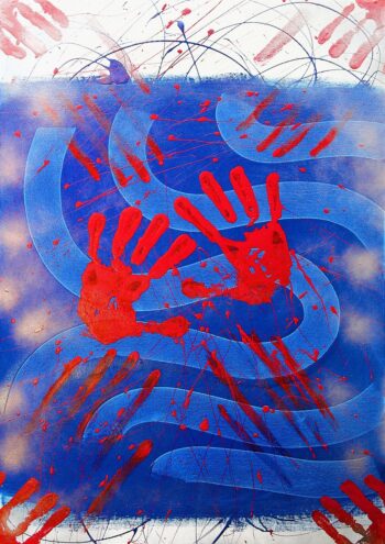 Red handprints symbols on blue canvas original painting by Davide Canepa.