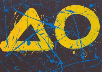 Big triangle and circle symbols on modern canvas painting by Davide Canepa.