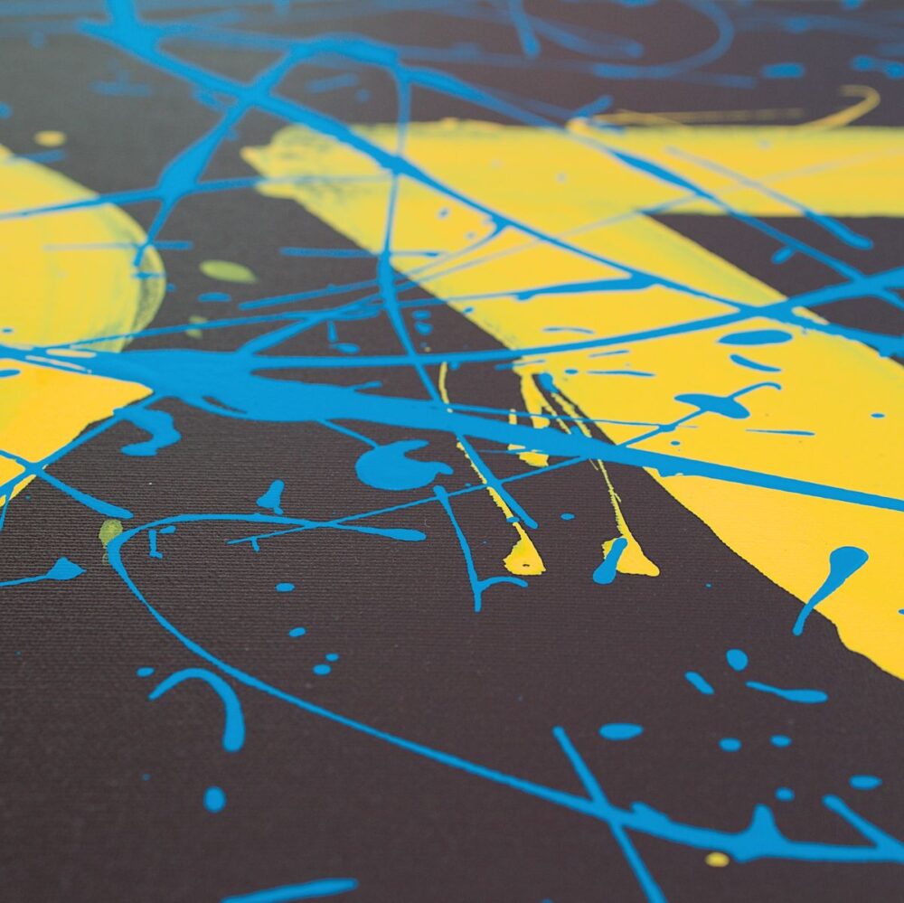Light blue drip paint on yellow and brown canvas, art collection by Davide Canepa.