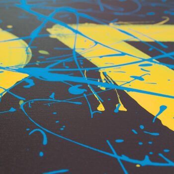 Light blue drip paint on yellow and brown canvas, art collection by Davide Canepa.
