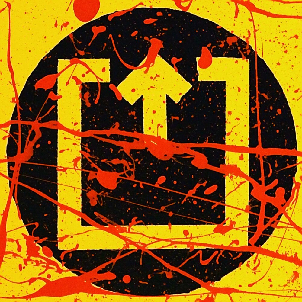 Square and arrow symbol on canvas painting by Davide Canepa.