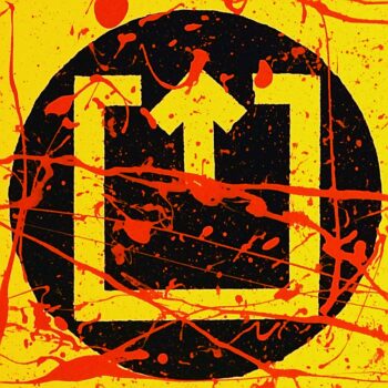 Square and arrow symbol on canvas painting by Davide Canepa.