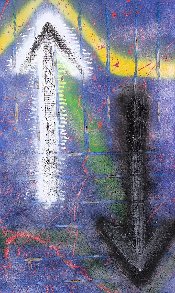 Original philosophical painting composed one arrow going up and one going down, about the principles of life by artist Davide Canepa.