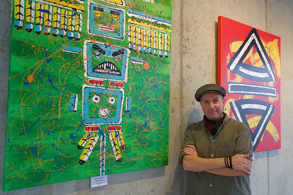 Italian symbolist painter Davide Canepa with his large philosophical artworks
