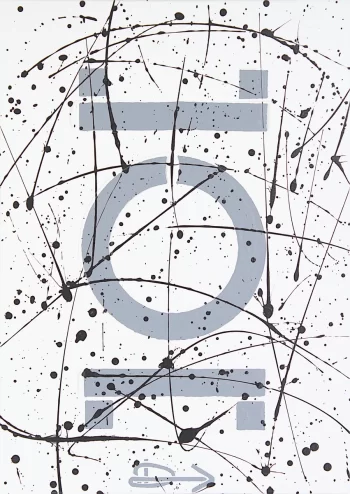 Geometric modern symbolist painting with circle and squares colored white, grey and black by Davide Canepa
