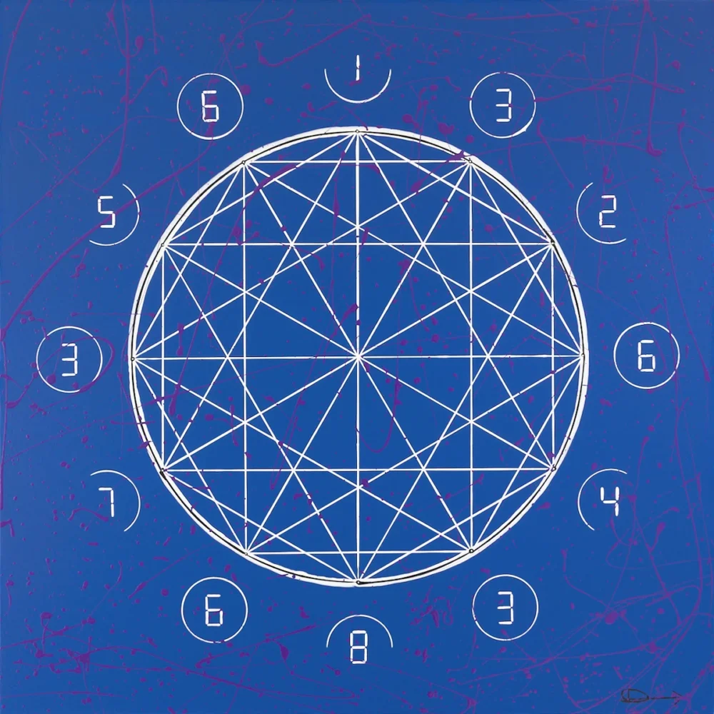 Square painting with a big circle containing sacred geometric figures and the correspondent numbers conceived and created by Davide Canepa