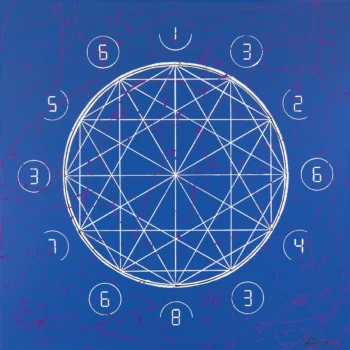 Square painting with a big circle containing sacred geometric figures and the correspondent numbers conceived and created by Davide Canepa