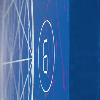 Close-up of dripping paint on circled digit painted between bigger circle containing geometric shapes and thick canvas edge created by Davide Canepa